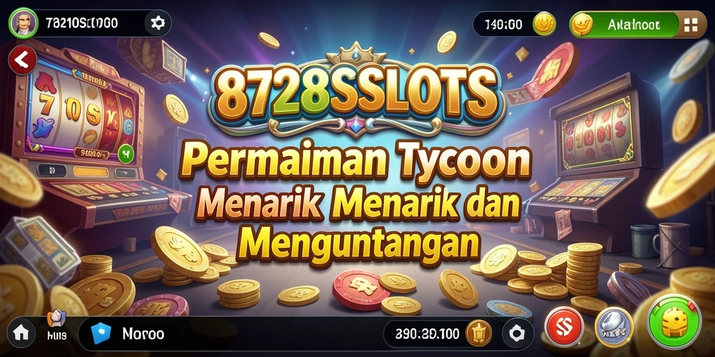Screenshot 8728SLOTS menampilkan kasino yang dikelola pemain dengan mesin slot berwarna-warni.