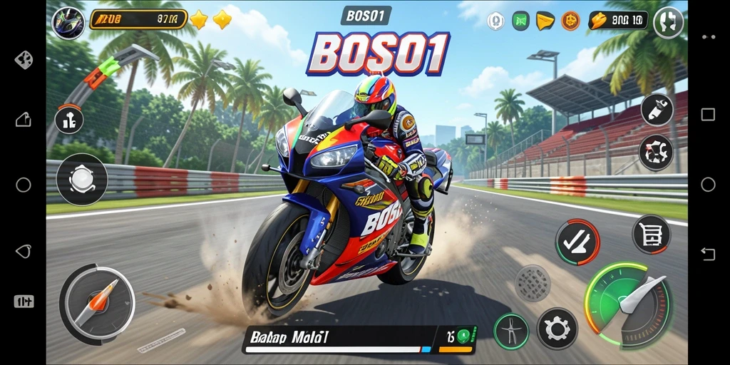Tampilan gameplay <strong>BOS01</strong> yang mendebarkan dan penuh aksi balapan motor.