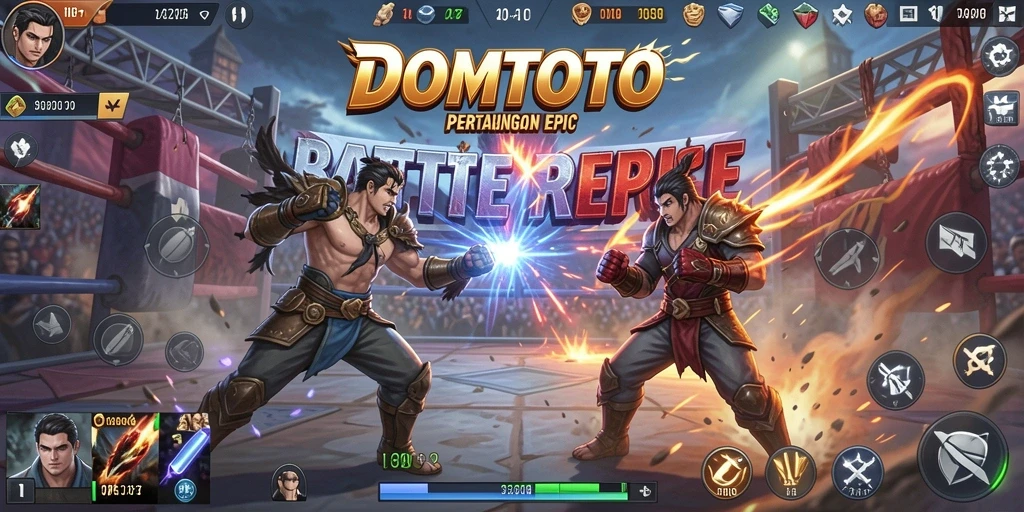 Tangkapan layar utama DOMTOTO menampilkan aksi intens di arena Battle Royale.