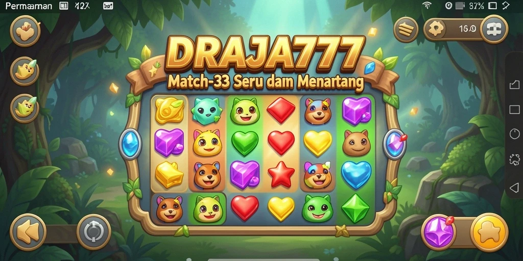Tampilan gameplay menarik DRAJA777 dengan elemen match-3 yang cerah.