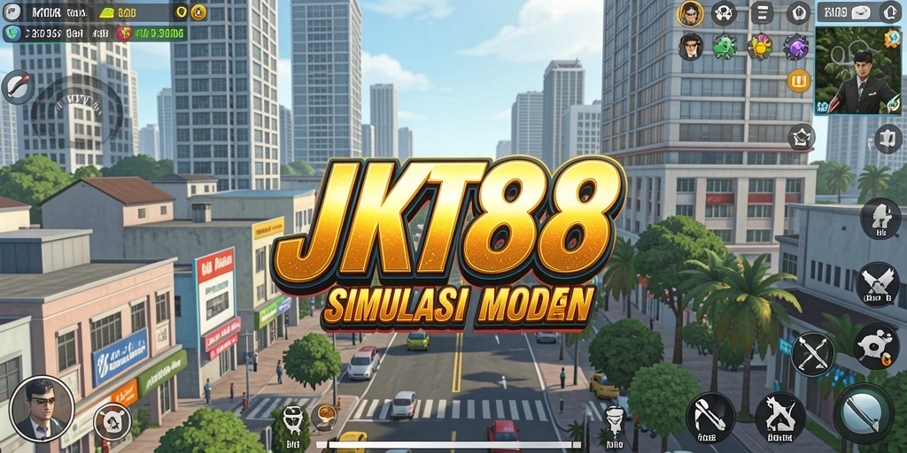 Tampilan gameplay JKT88 menampilkan suasana kota modern yang dinamis.