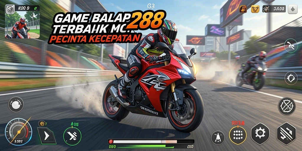 Tampilan gameplay seru di trek balap KOKO288 dengan motor cepat.