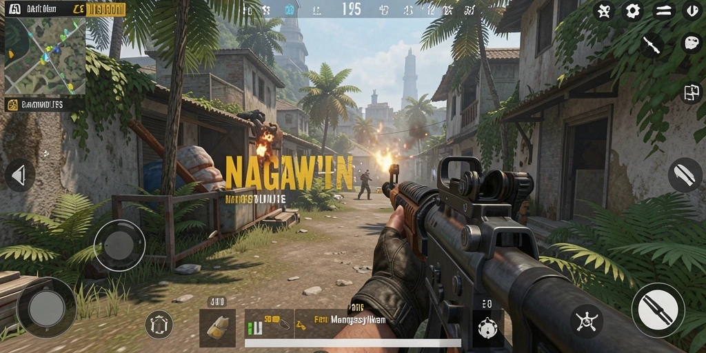 Gameplay intens di NAGAWIN dengan aksi tembak-menembak.