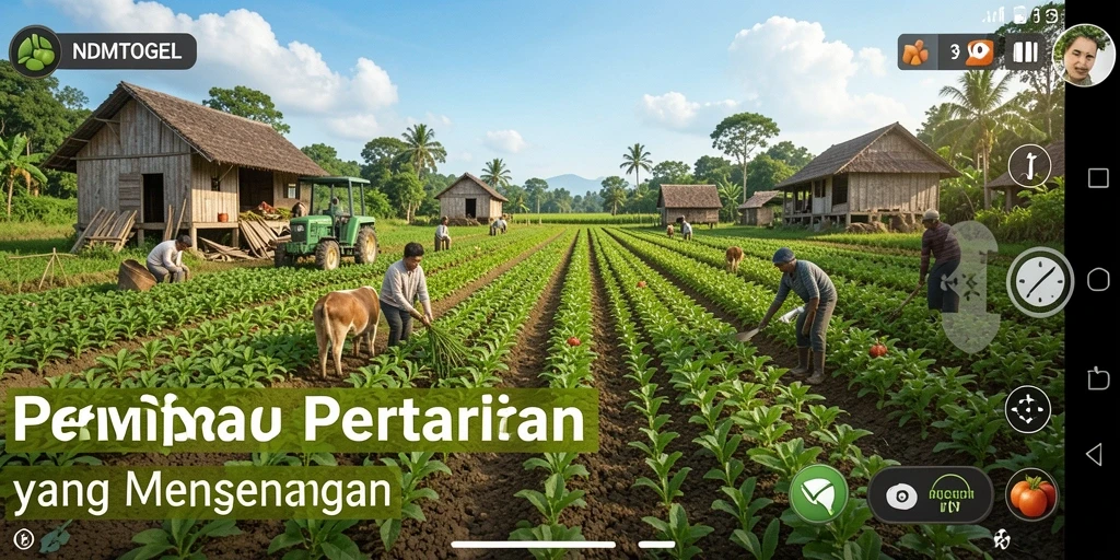 Tampilan gameplay NDMTOGEL dengan kebun yang indah dan hewan ternak.