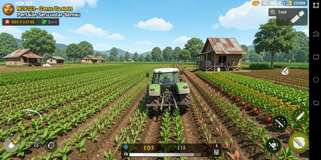 Screenshot gameplay <strong>NOX123</strong> menunjukkan kebun yang subur dan hewan ternak yang sehat.
