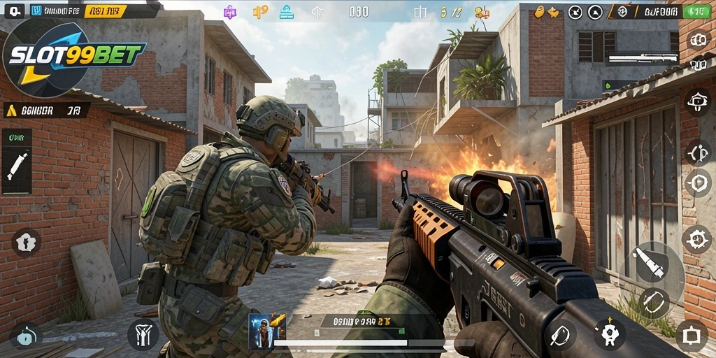 Screenshot gameplay SLOT99BET yang menampilkan aksi pertempuran intens.