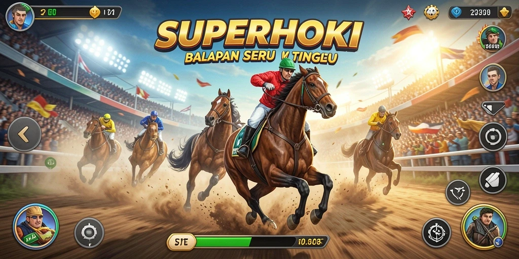 Screenshot gameplay SUPERHOKI yang menunjukkan aksi balapan yang mendebarkan