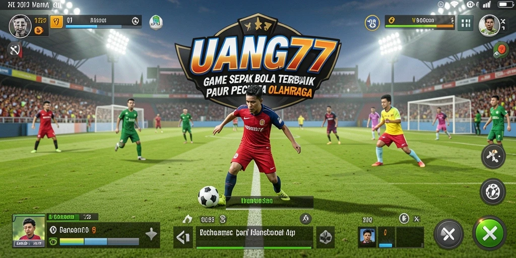 Screenshot utama menunjukkan aksi seru dalam pertandingan sepak bola di UANG77.